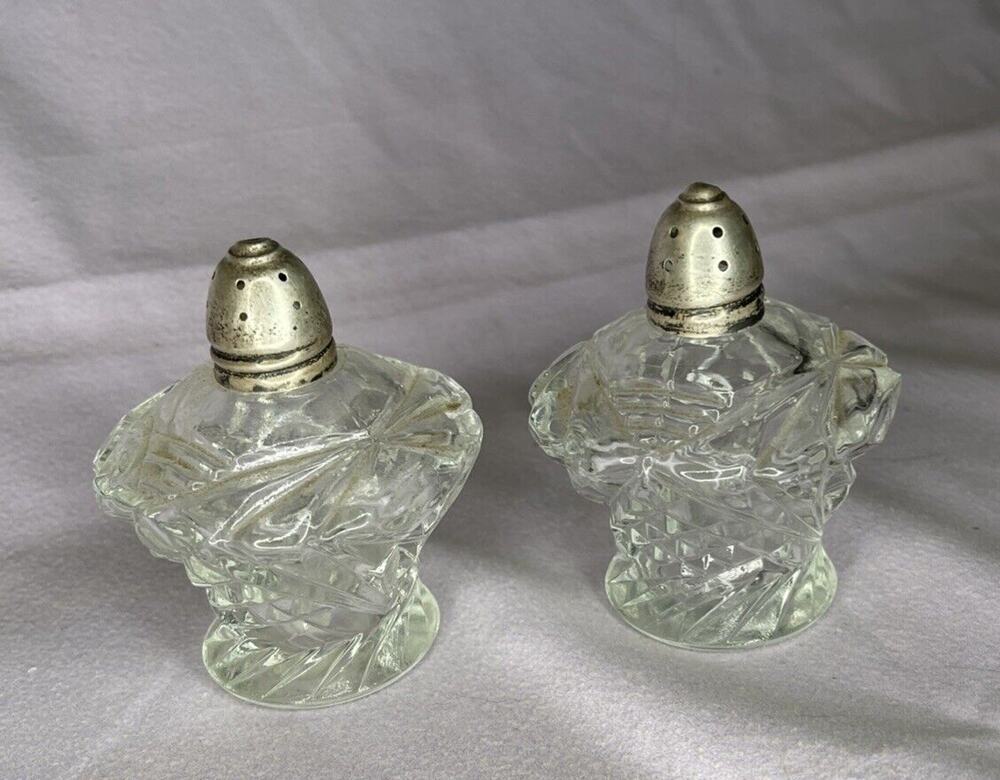 Vintage Irice NY Glass Cut Salt & Pepper Shakers Clear Silver Lids Unique Shape